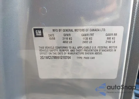 2009 Chevrolet Impala Lt z USA, uszkodzony, nr VIN 2G1WC57M891210704